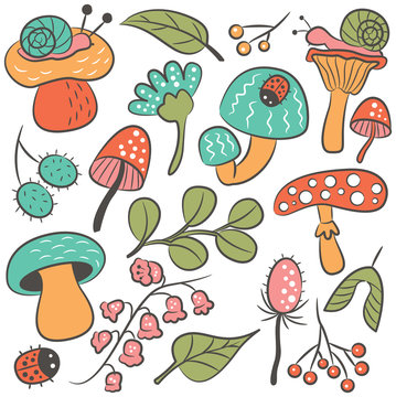 Mushrooms and insects doodle icon set
