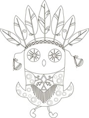 Black-white owl with ethnic indian jewelry for coloring page, anti stress, vector illustration