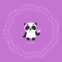 Naklejka premium Cute panda holding a heart on a purple background. Vector illustration. Greeting card