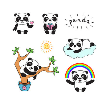 Set of cartoon doodle panda bear, isolated images for little kids. Panda is holding a heart, gift, rainbow, lying on a cloud, sleeping on the tree. Cute smiling panda character. 