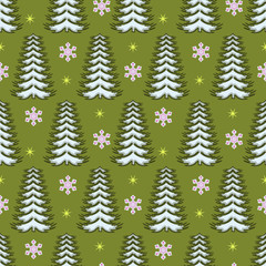 Fototapeta na wymiar seamless Christmas illustration. Christmas trees, snowflakes, stars