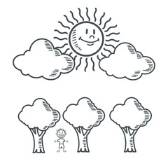 kid sun cloud tree nature cartoon icon. Black white isolated design. Vector illustration