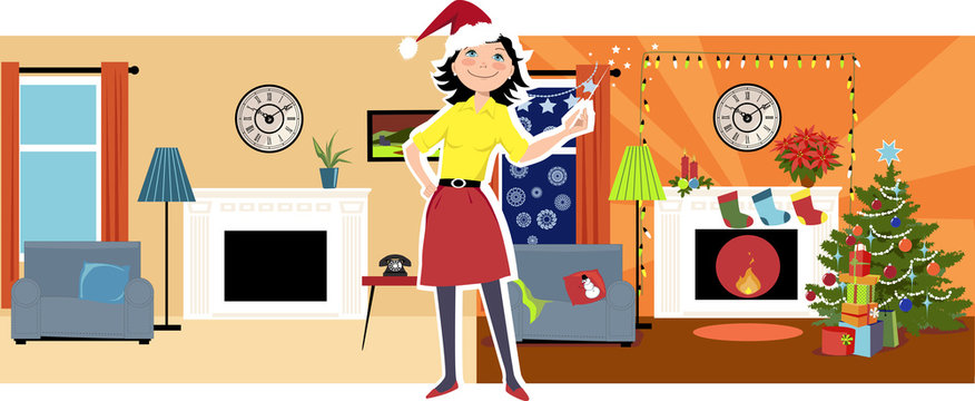 Deck the hall. Woman in a Santa's hat standing between illustrations of a house before and after it was decorated for Christmas, EPS 8 vector illustration