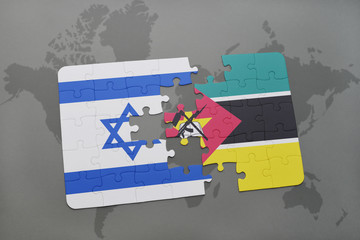 puzzle with the national flag of israel and mozambiqueon a world map background.