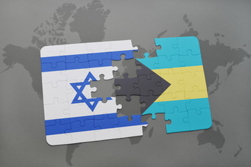 puzzle with the national flag of israel and bahamas on a world map background.
