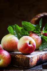 Wet yellow and pink nectarines, selective focus