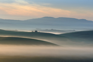 Tuscany Landscape at Sunrise, Morning Fog, Val d’Orcia, Tuscany, Italy