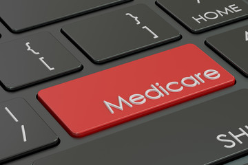 Fototapeta premium Medicare button, red hot key on keyboard 3D rendering