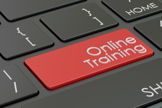 online training, red hot key on  keyboard, 3D rendering