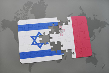 puzzle with the national flag of israel and malta on a world map background.