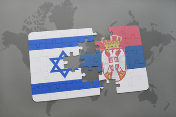 puzzle with the national flag of israel and serbia on a world map background.