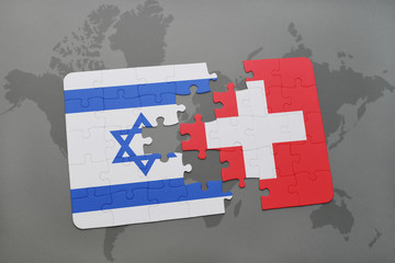 puzzle with the national flag of israel and switzerland on a world map background.