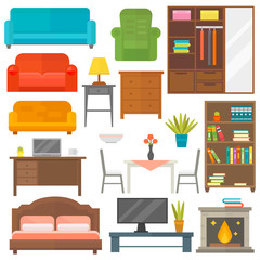 Furniture and home decor icon set vector illustration. Indoor cabinet interior room library, office bookshelf furniture icons. Modern closet bedroom silhouette furniture icons outline decoration.