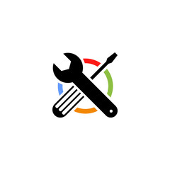 Isolated colorful technical tools vector logo. Mechanical equipment logotype. Round shape vector illustration. Adjustable wrench and screwdriver image.