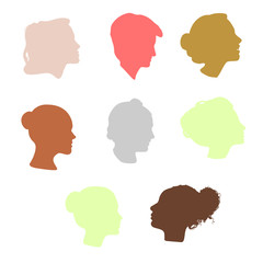 Isolated colorful women side view vector logo set. Beauty salon logotypes collection on the white backround. Hairdresser business card element. Minimalistic female silhouette. Cosmetics icon.