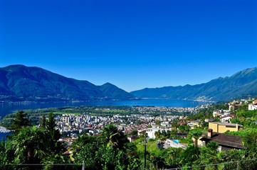 Aussicht von Orselina im Tessin, auf die Stadt Locarno bis &uuml;ber den Lago Maggiore nach Italien
