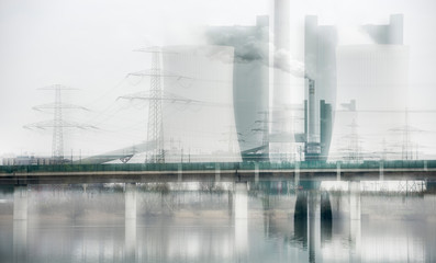 Obraz premium Coal Power Plant by Lake, abstract Study created by camera manipulation, industrial concept, filtered color, multiple exposure