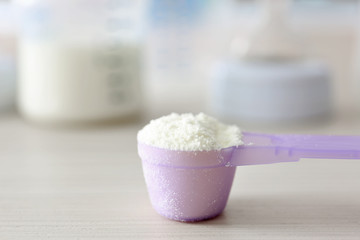 Baby milk formula in purple spoon on wooden background