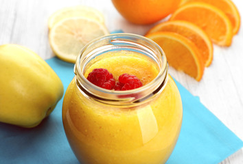 Fresh fruit cocktail on blue napkin