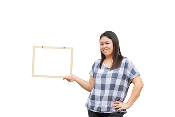 Asian thailand woman middle age smile holding blank board, isolated on white background with copy space. Board with blank can add your text or others. clipping path in picture.