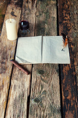 The old studio writer on a wooden background from above