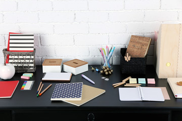 Office and school set with stationery and notebooks on a table