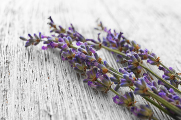 Lavender bunch on wooden table, closeup