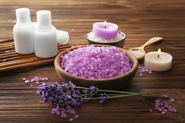 Beautiful spa composition with lavender on wooden background