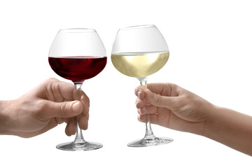 Hands with glasses of wine, isolated on white