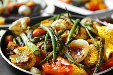 Grilled vegetables in frying pan, close up