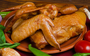 Grilled chicken set with vegetables on wood