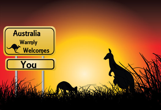 sunset with two kangaroos and welcome sign