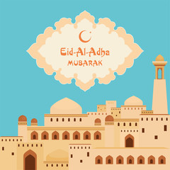 Eid al-Adha greeting card   with the image of an ancient middle Eastern city with mosques and minarets