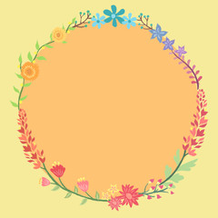 Combination of different and colorful flowers vector forming circle frame wreath in orange yellow background.