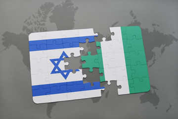 puzzle with the national flag of israel and nigeria on a world map background.