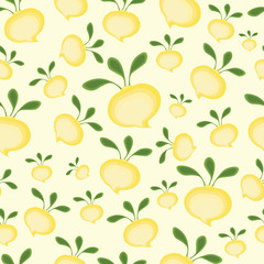 Background abstract cartoon yellow turnips with green tops.