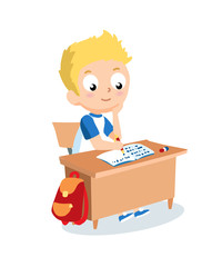 Schoolboy sitting at school desk. Pupil vector cartoon character.