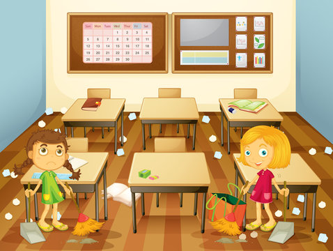 Two students cleaning the classroom