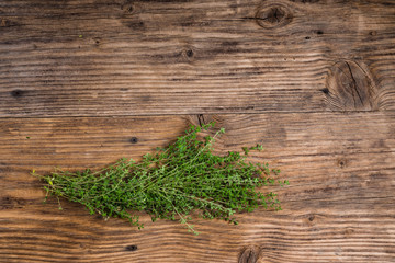 Bundle of fresh thyme on a table