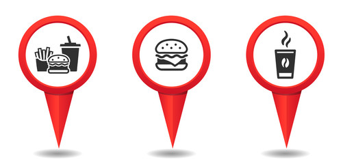 Set Marker Fast Food. GPS navigation, vector, icon of the point on the map.