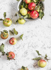 Fresh garden apples on a light background. Rustic style. Top view