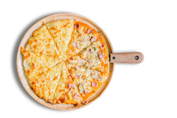 Homemede Pizza on wooden plate isolate on whitebackground cliping path