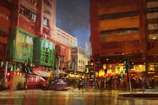 colorful painting of street city,urban,cityscape,illustration