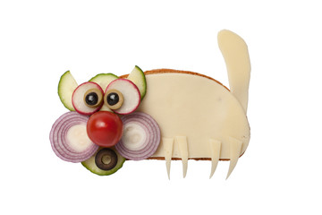 Funny cat made of bread and cheese on isolated background