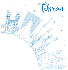 Outline Tehran Skyline with Blue Landmarks and Copy Space.