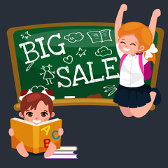 Back to School summer sale background. Boy and girl at the blackboard, education concept banner