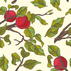 Hand drawing an apple branch. Vector seamless pattern