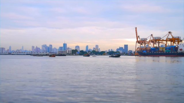 Speed video of transportation in river near industrial port at morning in Thailand