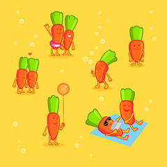 Cheerful cartoon carrots resting on the sand. Carrots inflates soap bubbles, tans