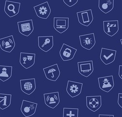 Safety, seamless pattern, blue. Vector colored background with images of protection and security of people, information and gadgets. Blue icons on a dark blue background. 